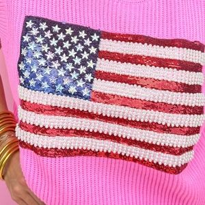 NWT QUEEN OF SPARKLES NEON PINK AMERICAN FLAG SWEATER TANK SZ L